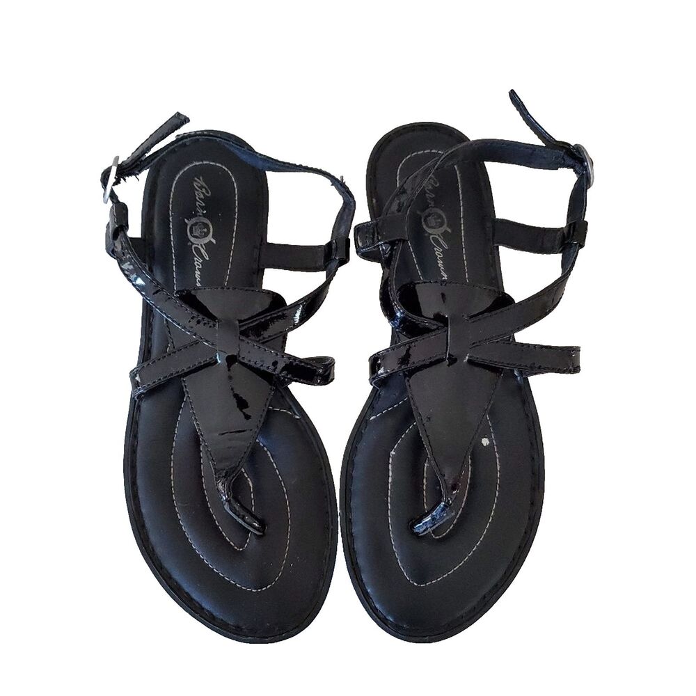 Born Crown Women's Sandals Size 8 Black Patent Leather Ankle Strap Flats Cushion